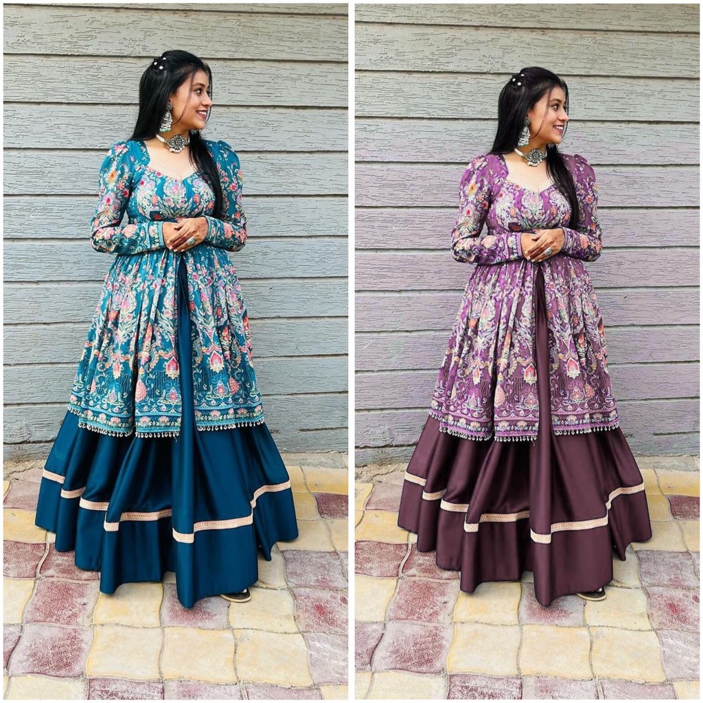 MODERN GALLERY-RAYON PRINTED TOP WITH FULL FLAIR LEHENGA