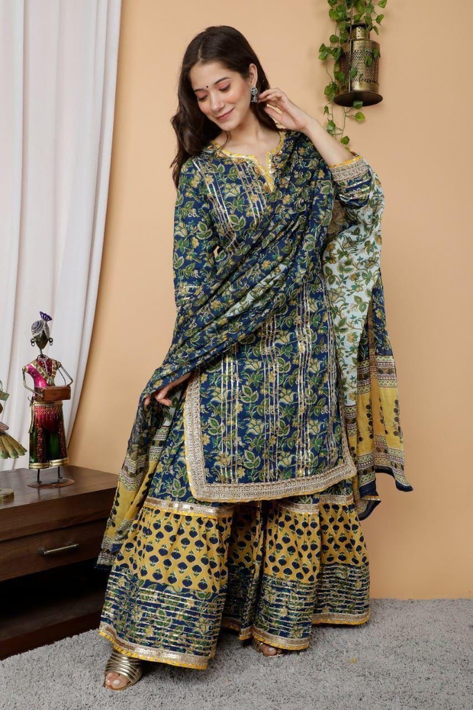 MODERN GALLERY-"60x60 Cotton Kurti and Sharara Set with Heavy Gota Work and Matching Dupatta"